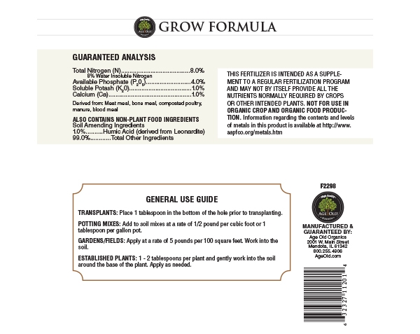Grow Formula back label for bottle